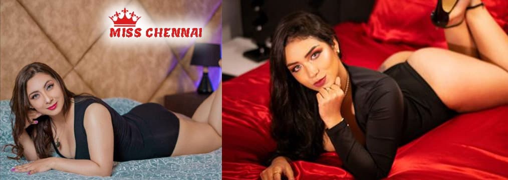 Miss Chennai escort girls posing in elegant black outfits on bed with stylish looks