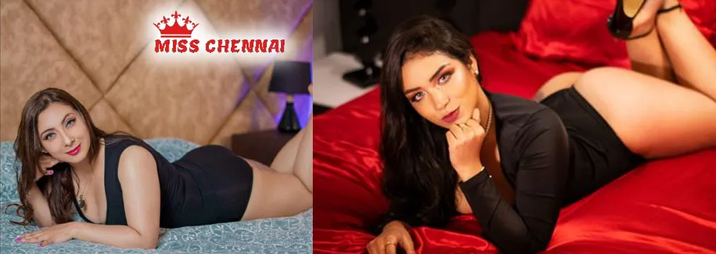 Miss Chennai escort girls posing in elegant black outfits on bed with stylish looks