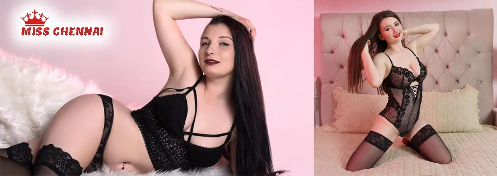 Miss Chennai models in black lingerie posing on bed and sofa with confident style