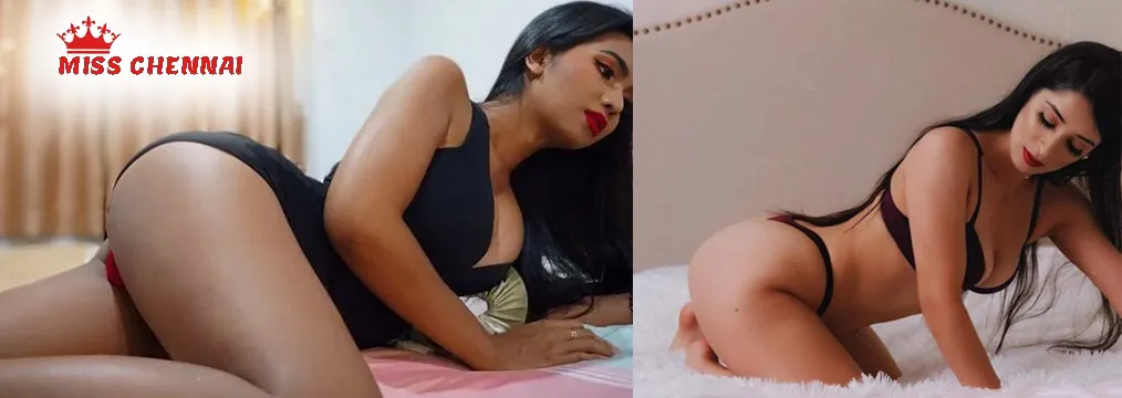 Miss Chennai escort in black lingerie posing on bed