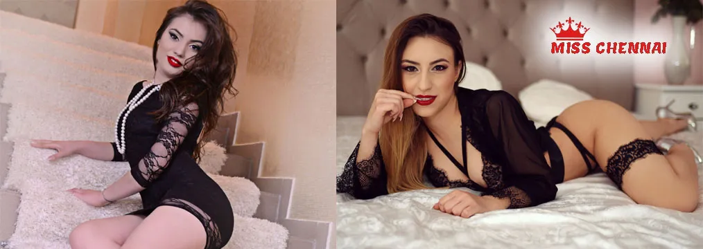 Elegant woman in black lingerie posing on stairs and bed, Miss Chennai photoshoot