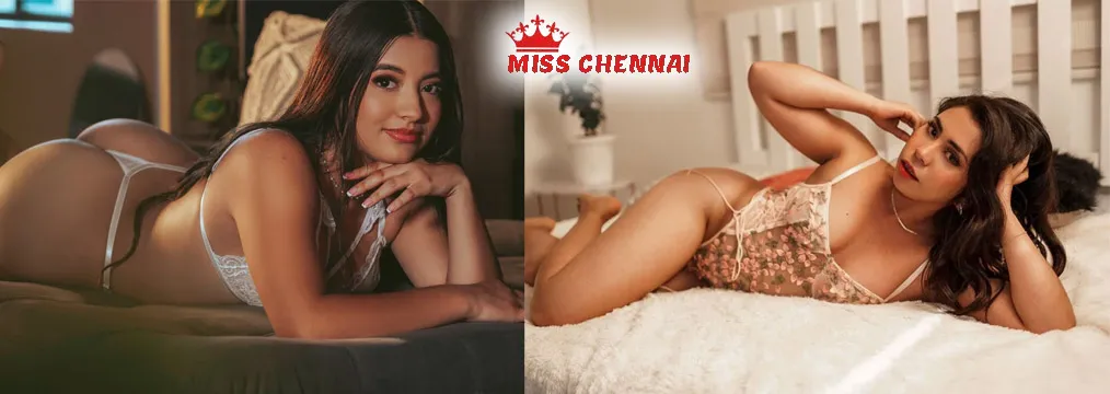 Miss Chennai contestant photoshoot featuring models in elegant lingerie posing on bed with soft indoor lighting.