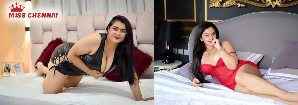 Glamorous Chennai beauties in black and red lingerie showcasing elegance and bold charm on a luxury bed.