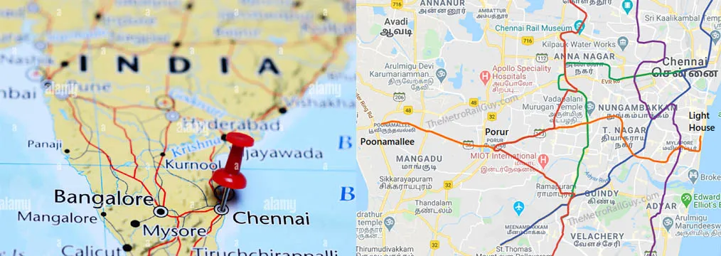 Map showing Chennai location in India with nearby areas like Anna Nagar, T Nagar, Porur, and Poonamallee highlighted